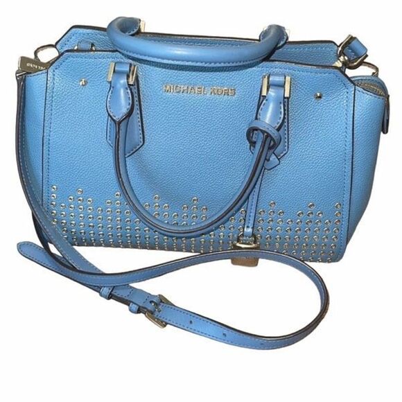 Michael Kors Womens Leather Studded Crossbody Handbag Denim Sky Blue Medium - Picture 1 of 12